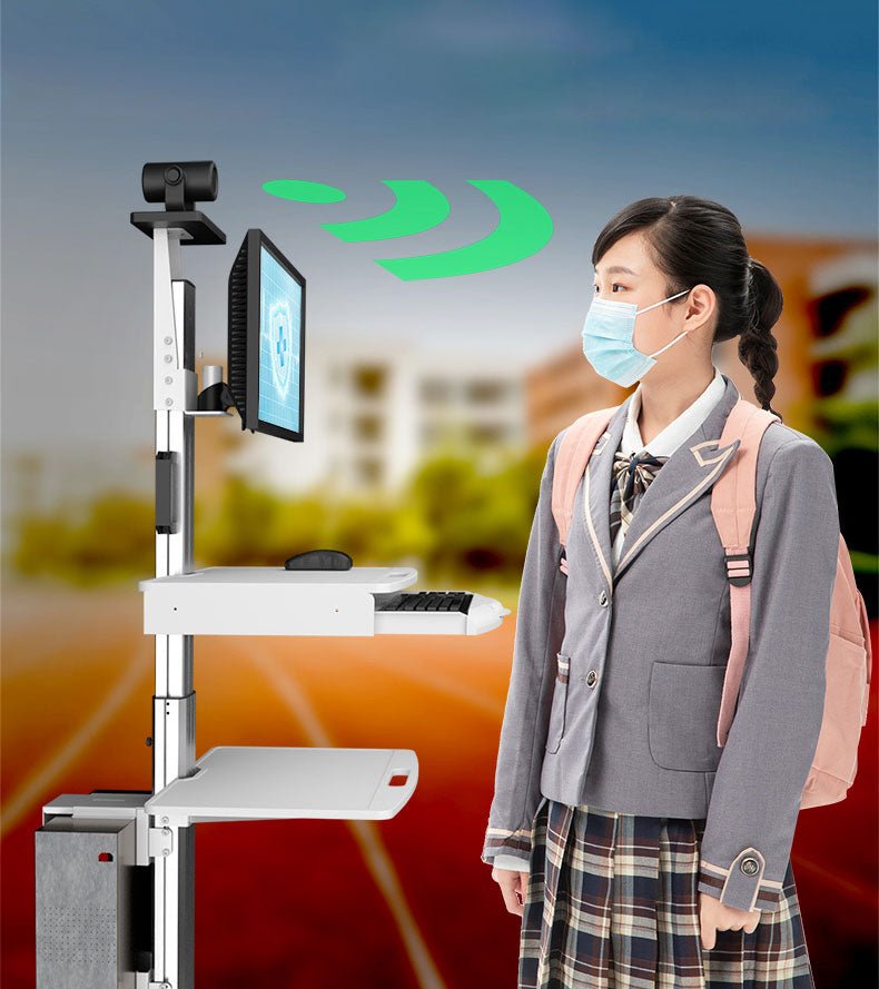 Single Monitor Medical Cart With Lockable Wheels and Camera Shelf For Telemedicine, White (HSC08) - Rife Medical Furniture