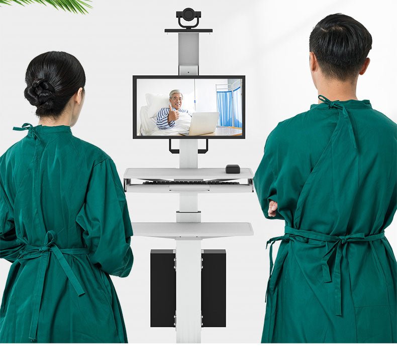 Single Monitor Medical Cart With Lockable Wheels and Camera Shelf For Telemedicine, White (HSC08) - Rife Medical Furniture