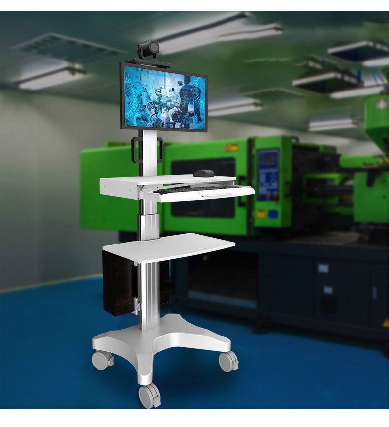 Single Monitor Medical Cart With Lockable Wheels and Camera Shelf For Telemedicine, White (HSC08) - Rife Medical Furniture