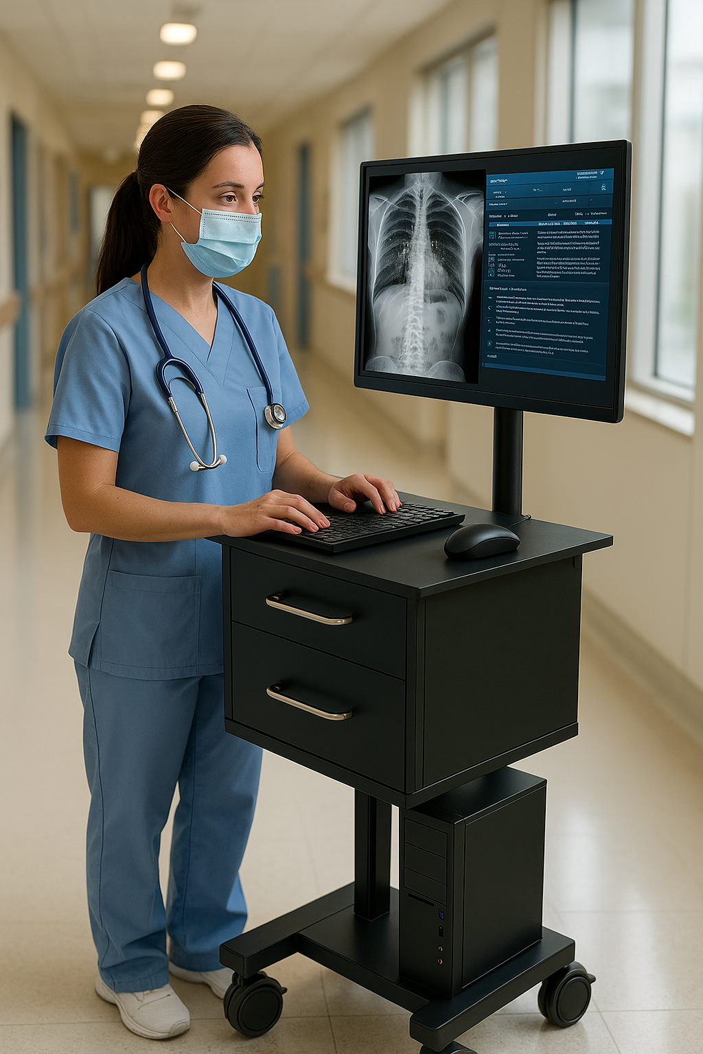 Sleek Mobile Workstation Cart with 32-Inch Display – Ideal for Hospitals,