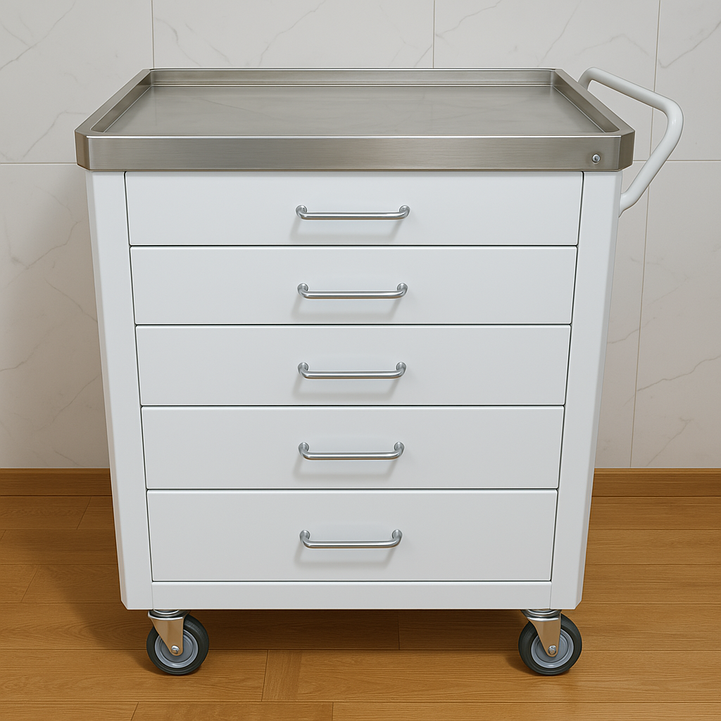 White Medical Crash Cart with Stainless Steel Top – 5-Drawer Mobile Emergency Trolley