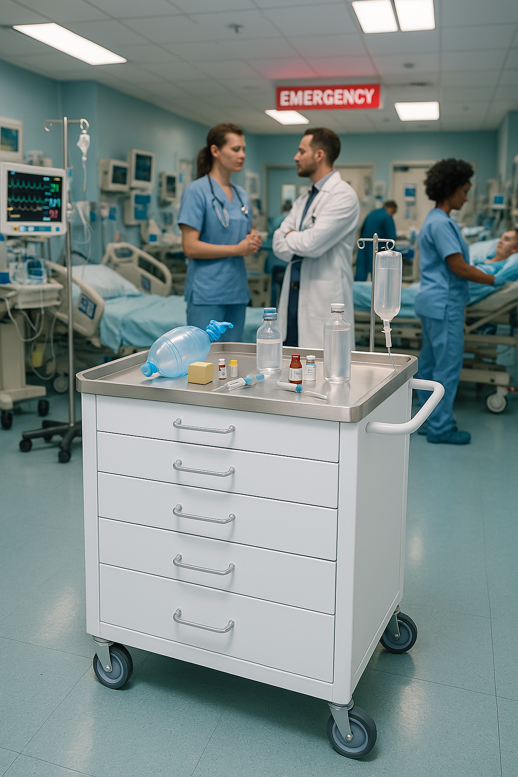White Medical Crash Cart with Stainless Steel Top – 5-Drawer Mobile Emergency Trolley