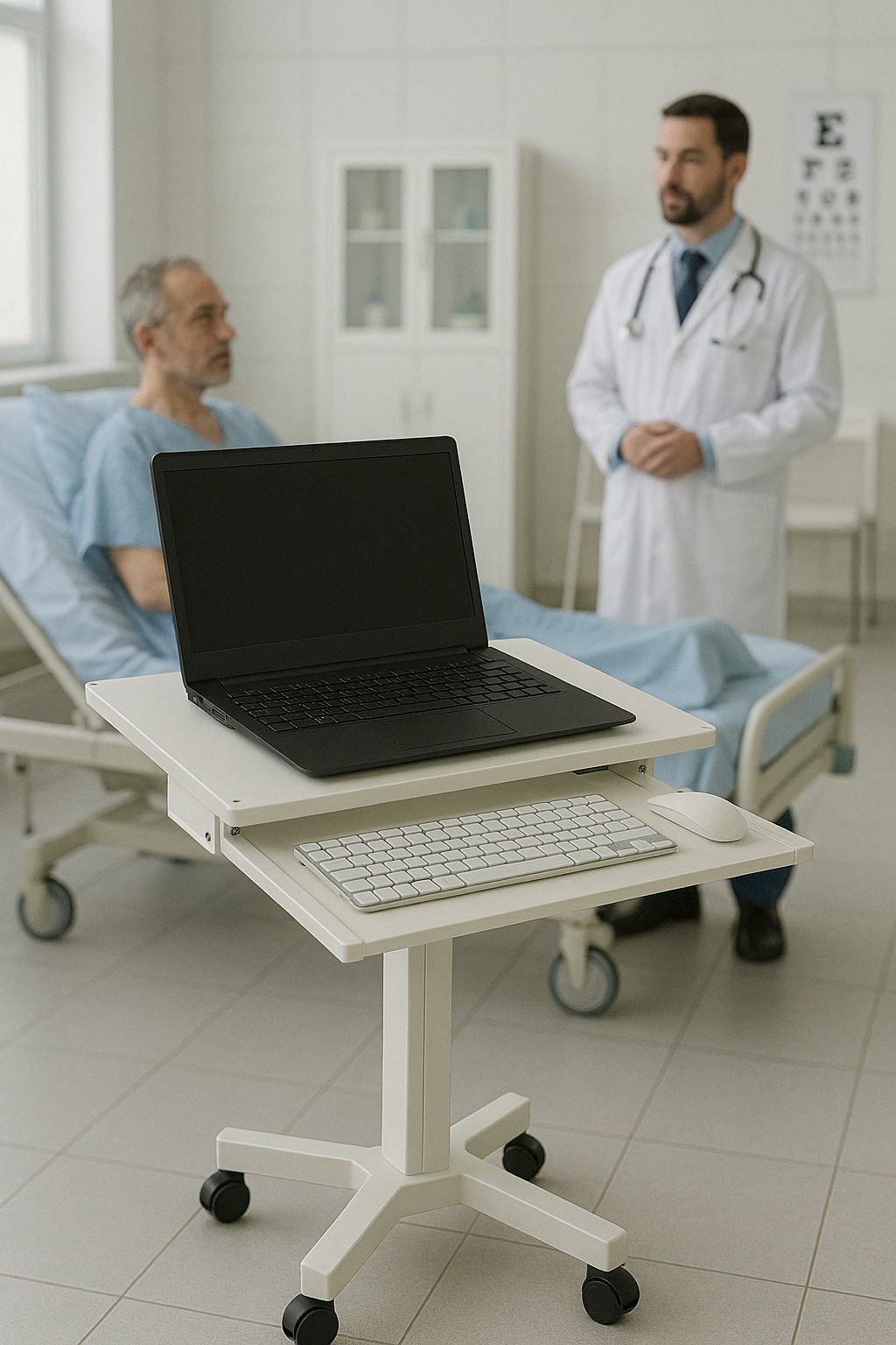 Height-Adjustable Laptop Workstation Cart with keyboard tray