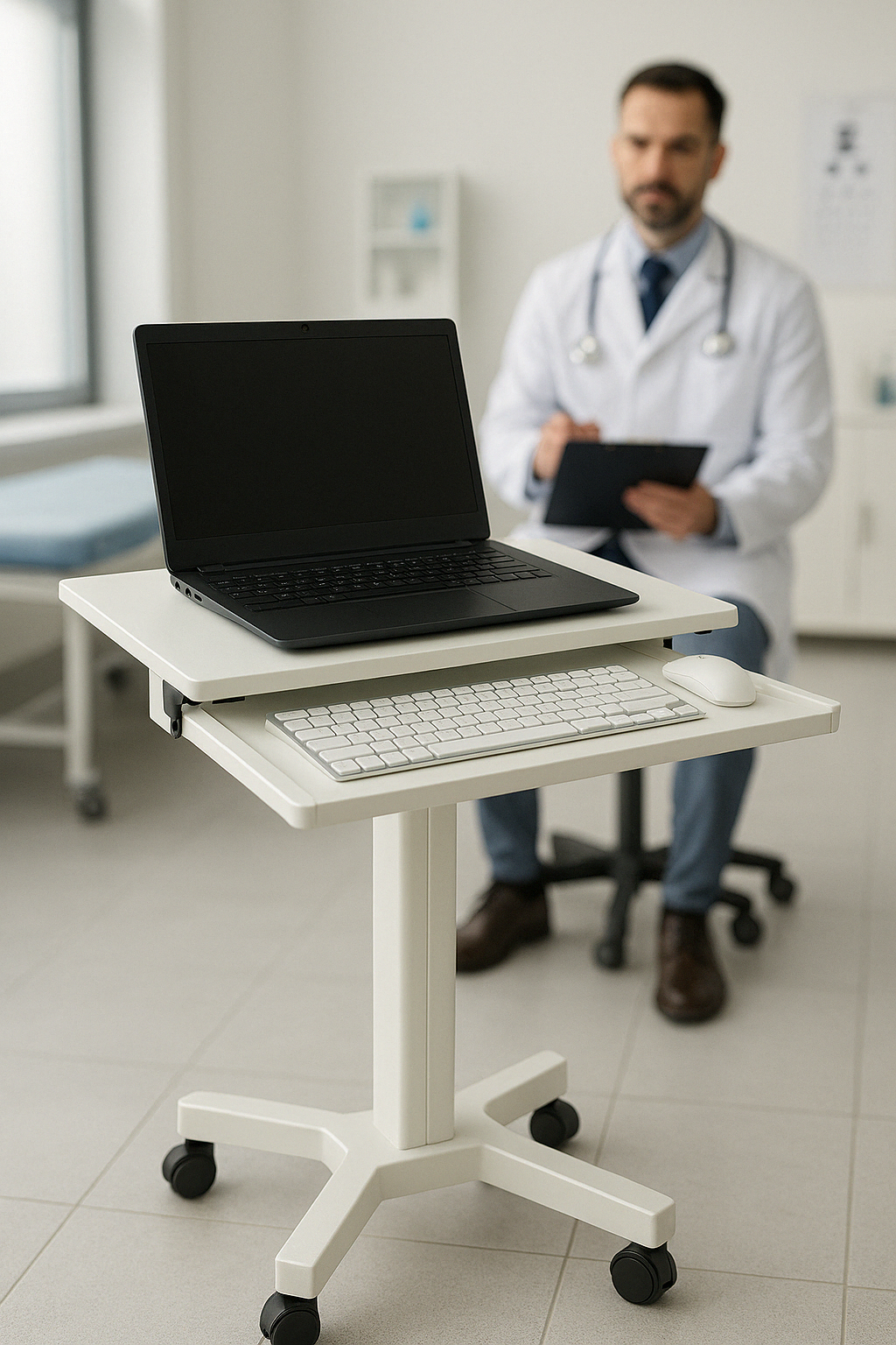 Height-Adjustable Laptop Workstation Cart with keyboard tray