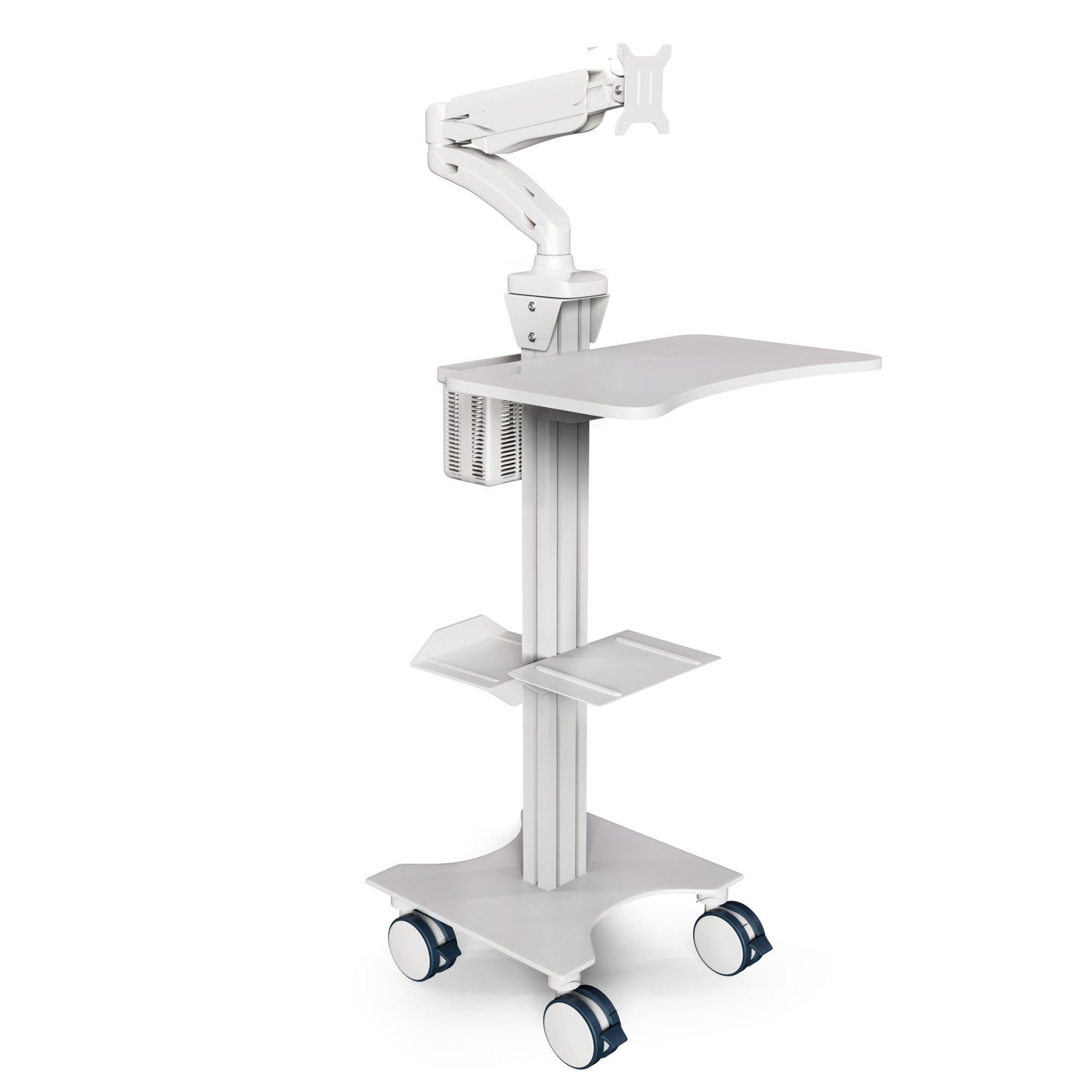 Sit Stand Medical Workstation with Gas Spring Arm and Keyboard Tray, Optional CPU Holder, Printer Shelf & Basket, White (MCTGW) - Rife Medical Furniture