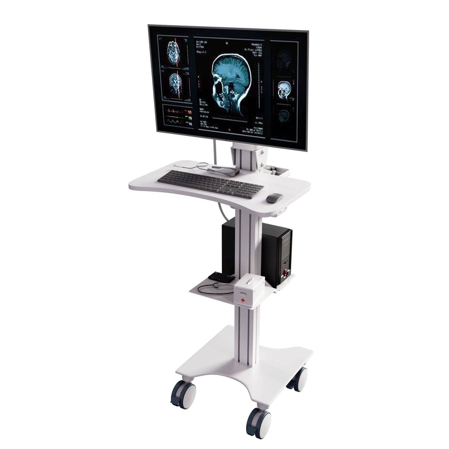 Sit Stand Medical Workstation with Gas Spring Arm and Keyboard Tray, Optional CPU Holder, Printer Shelf & Basket, White (MCTGW) - Rife Medical Furniture