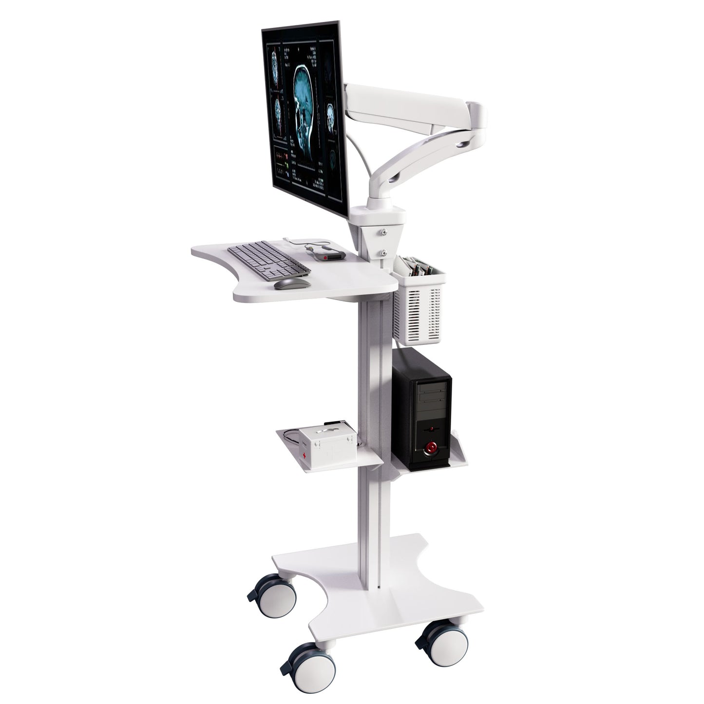 Sit Stand Medical Workstation with Gas Spring Arm and Keyboard Tray, Optional CPU Holder, Printer Shelf & Basket, White (MCTGW) - Rife Medical Furniture
