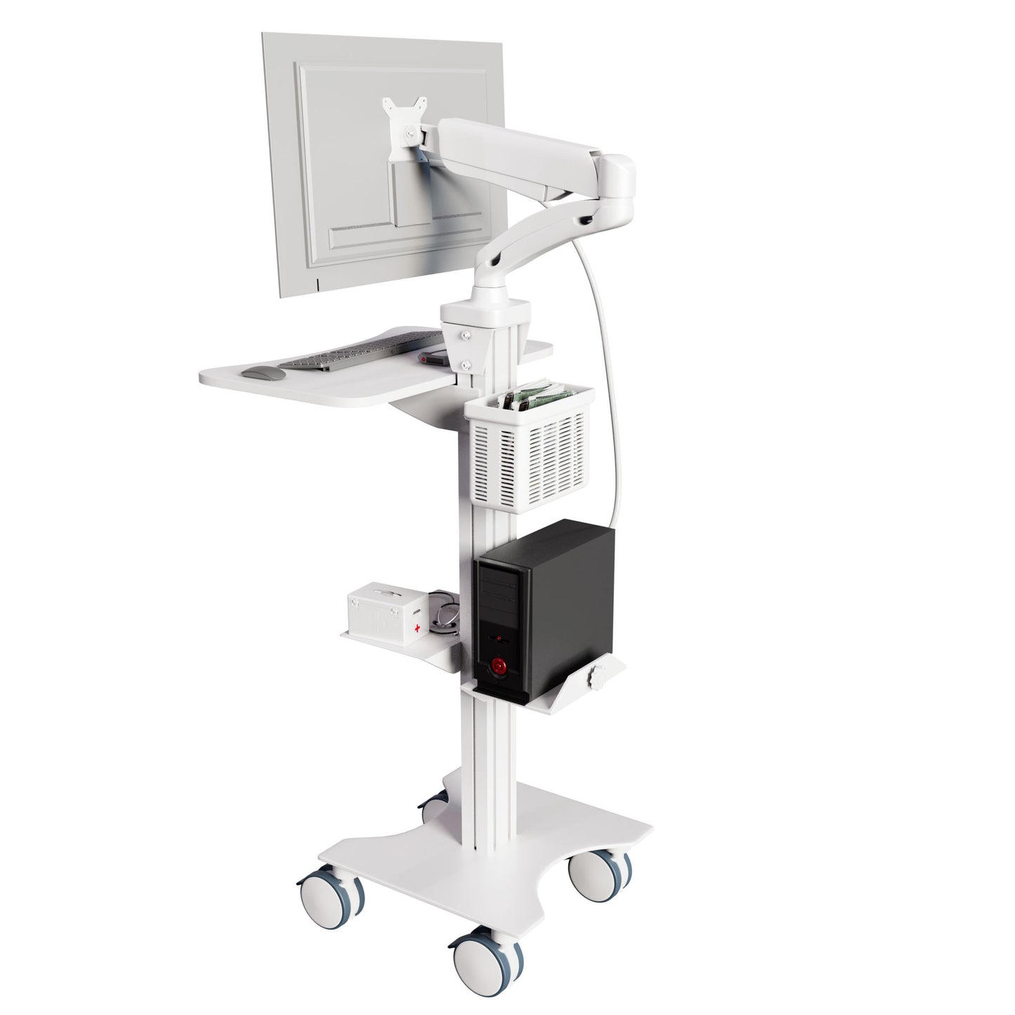 Sit Stand Medical Workstation with Gas Spring Arm and Keyboard Tray, Optional CPU Holder, Printer Shelf & Basket, White (MCTGW) - Rife Medical Furniture