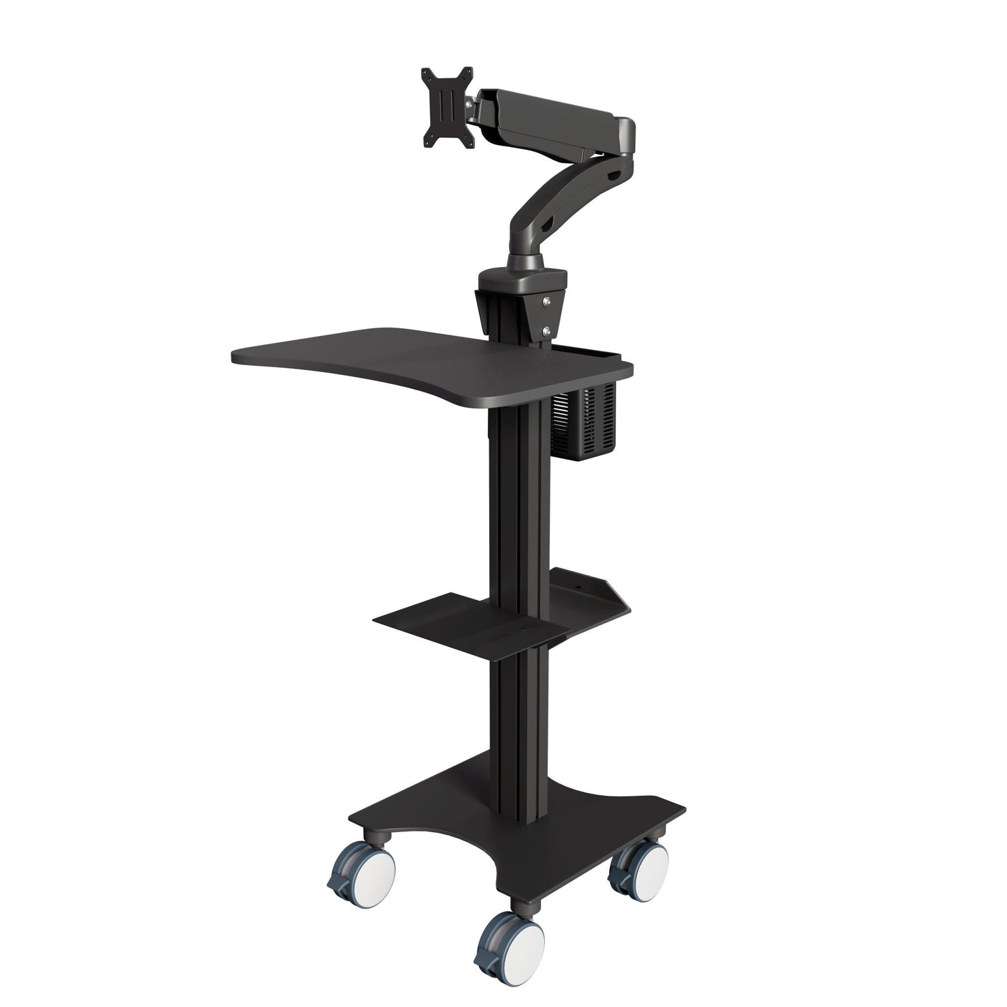 Sit Stand Medical Workstation with Gas Spring Arm and Keyboard Tray, Optional CPU Holder, Printer Shelf & Basket, Black (MCTGB) - Rife Medical Furniture