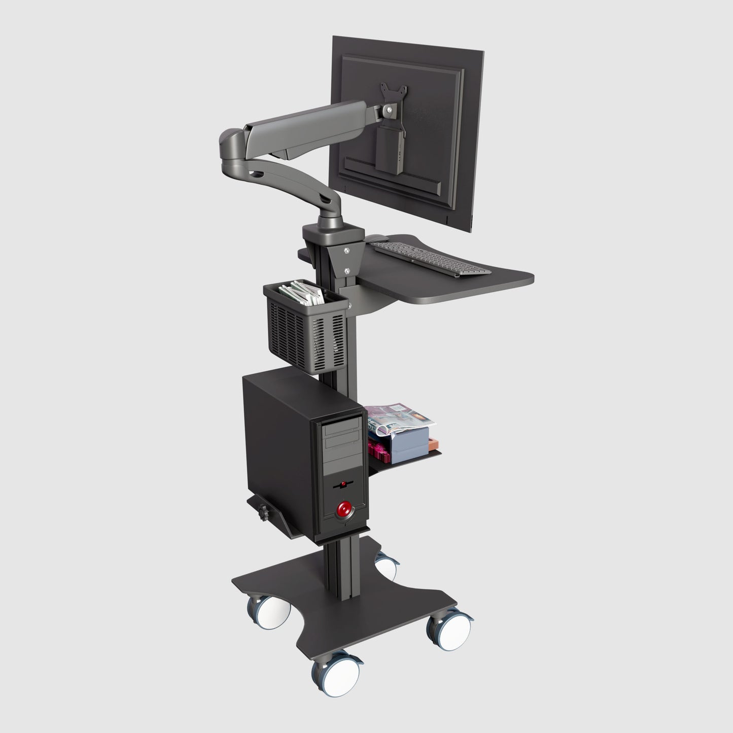 Sit Stand Medical Workstation with Gas Spring Arm and Keyboard Tray, Optional CPU Holder, Printer Shelf & Basket, Black (MCTGB) - Rife Medical Furniture
