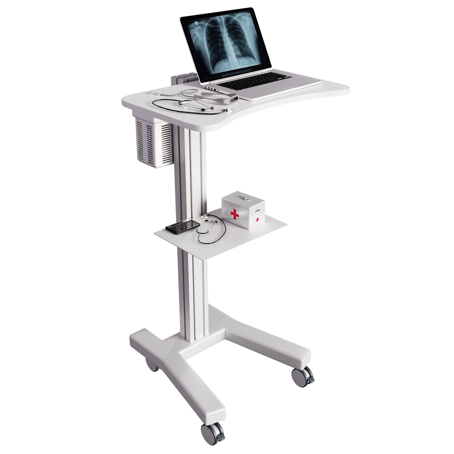 Sit Stand Medical Laptop Cart with Height Adjustments, Optional CPU Holder, Printer Shelf & Basket, White (LPC04W) - Rife Medical Furniture