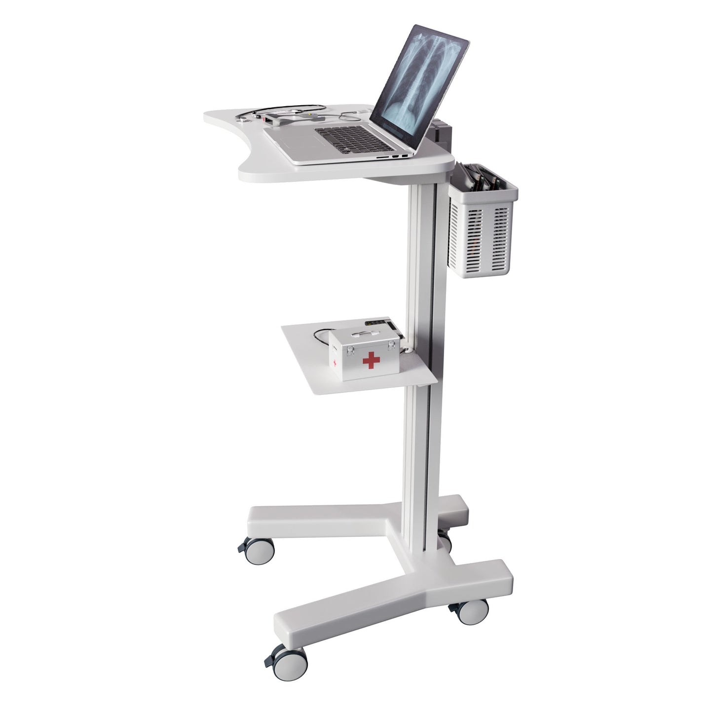 Sit Stand Medical Laptop Cart with Height Adjustments, Optional CPU Holder, Printer Shelf & Basket, White (LPC04W) - Rife Medical Furniture