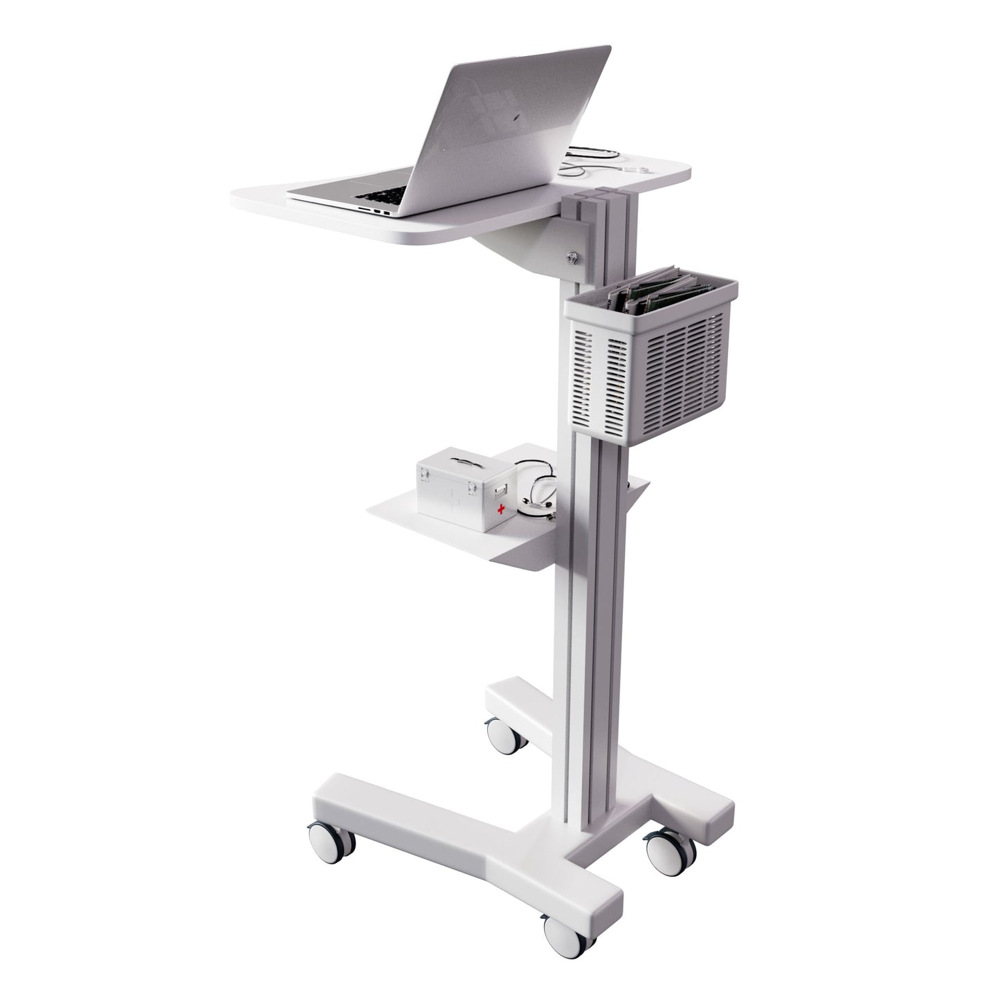 Sit Stand Medical Laptop Cart with Height Adjustments, Optional CPU Holder, Printer Shelf & Basket, White (LPC04W) - Rife Medical Furniture