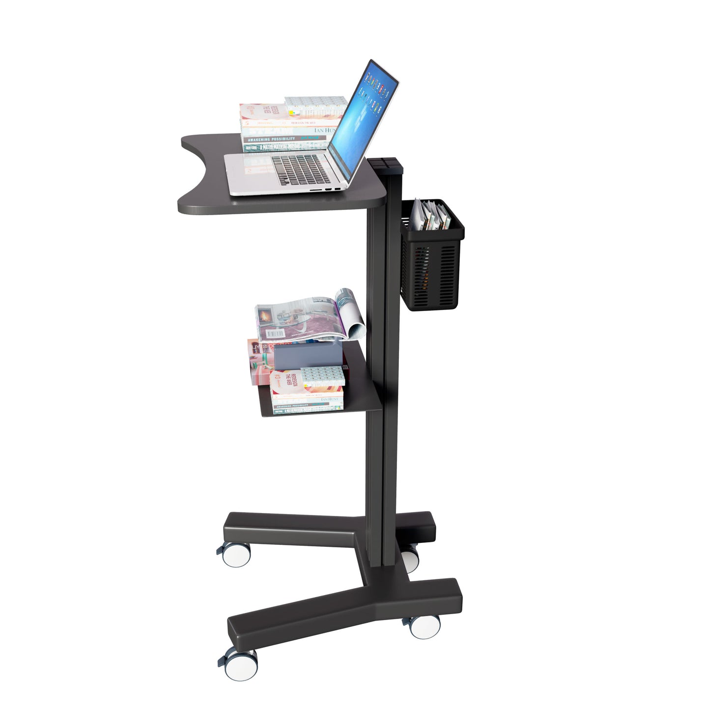 Sit Stand Medical Laptop Cart with Height Adjustments, Optional CPU Holder, Printer Shelf & Basket, Black (LPC04B) - Rife Medical Furniture