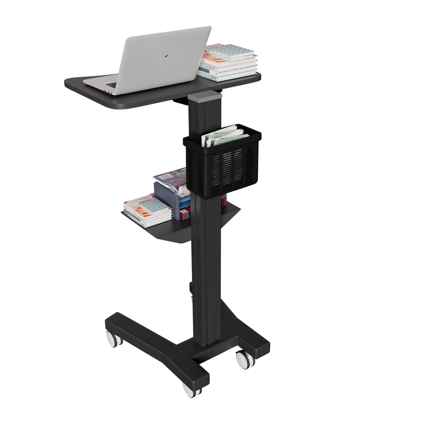 Sit Stand Medical Laptop Cart with Height Adjustments, Optional CPU Holder, Printer Shelf & Basket, Black (LPC04B) - Rife Medical Furniture