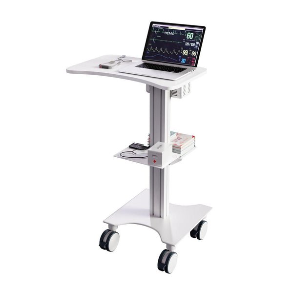 Sit Stand Medical Laptop Cart with Height Adjustments, Optional CPU Holder, Printer Shelf & Basket, White (LPC06W) - Rife Medical Furniture