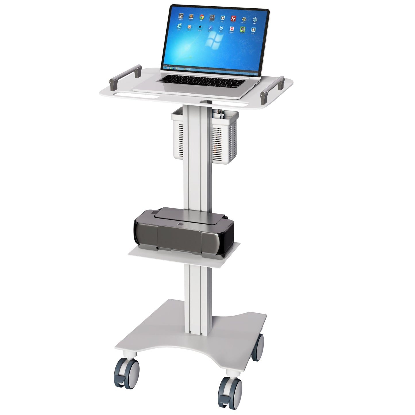 Medical Laptop Cart/Laptop Table, Portable Stand with Lockable Wheels, Optional Printer Shelf & Basket, White (LPC07A) - Rife Medical Furniture