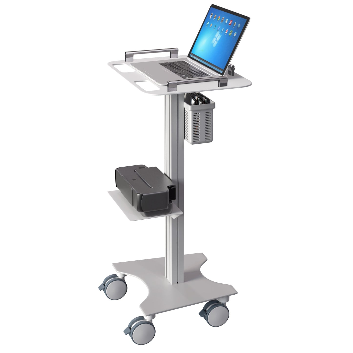 Medical Laptop Cart/Laptop Table, Portable Stand with Lockable Wheels, Optional Printer Shelf & Basket, White (LPC07A) - Rife Medical Furniture