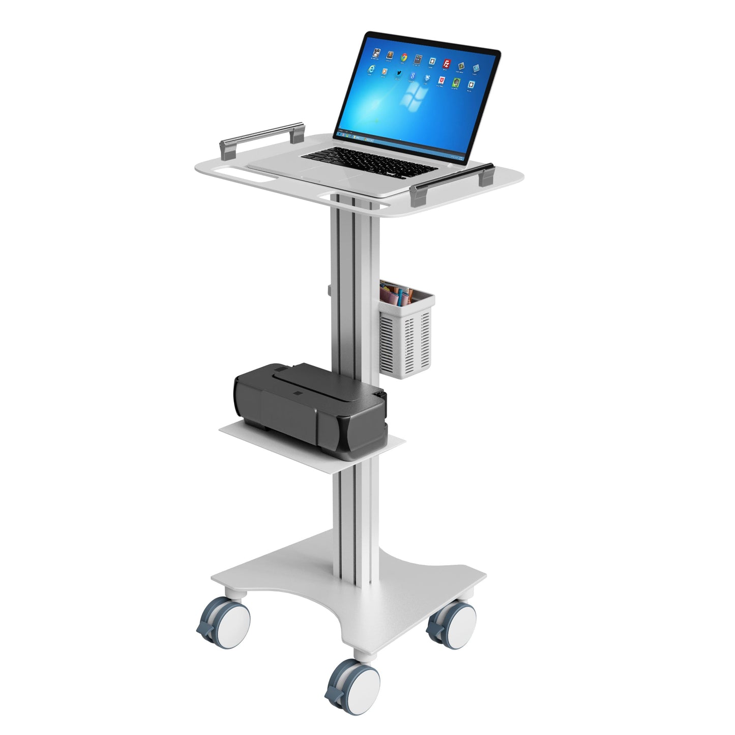 Medical Laptop Cart/Laptop Table, Portable Stand with Lockable Wheels, Optional Printer Shelf & Basket, White (LPC07A) - Rife Medical Furniture