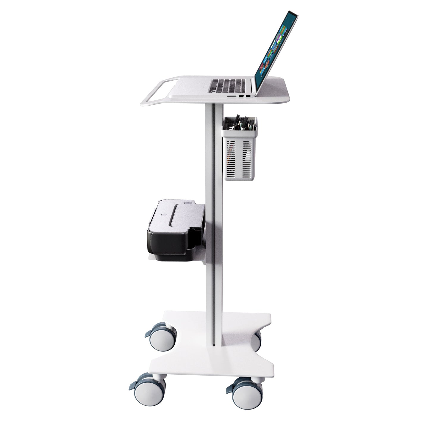 Medical Laptop Cart/Laptop Table, Curved Top Portable Stand with Lockable Wheels, Optional Printer Shelf & Basket, White (LPC07B) - Rife Medical Furniture