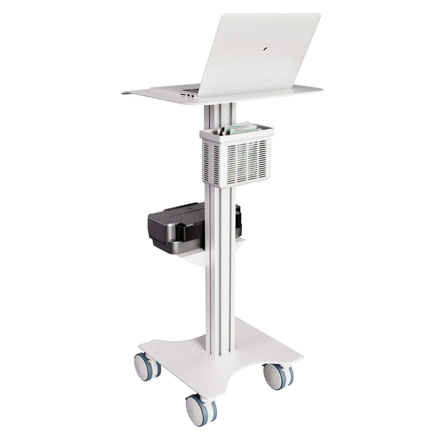 Medical Laptop Cart/Laptop Table, Curved Top Portable Stand with Lockable Wheels, Optional Printer Shelf & Basket, White (LPC07B) - Rife Medical Furniture