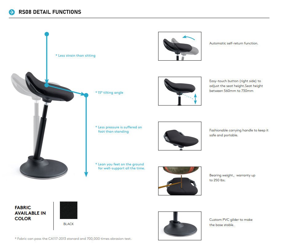 Ergonomic Height Adjustable Portable Active Stool with Self - Return Function, 15° Tilting & Stable Nylon Base, Black (RS08) - Rife Medical Furniture