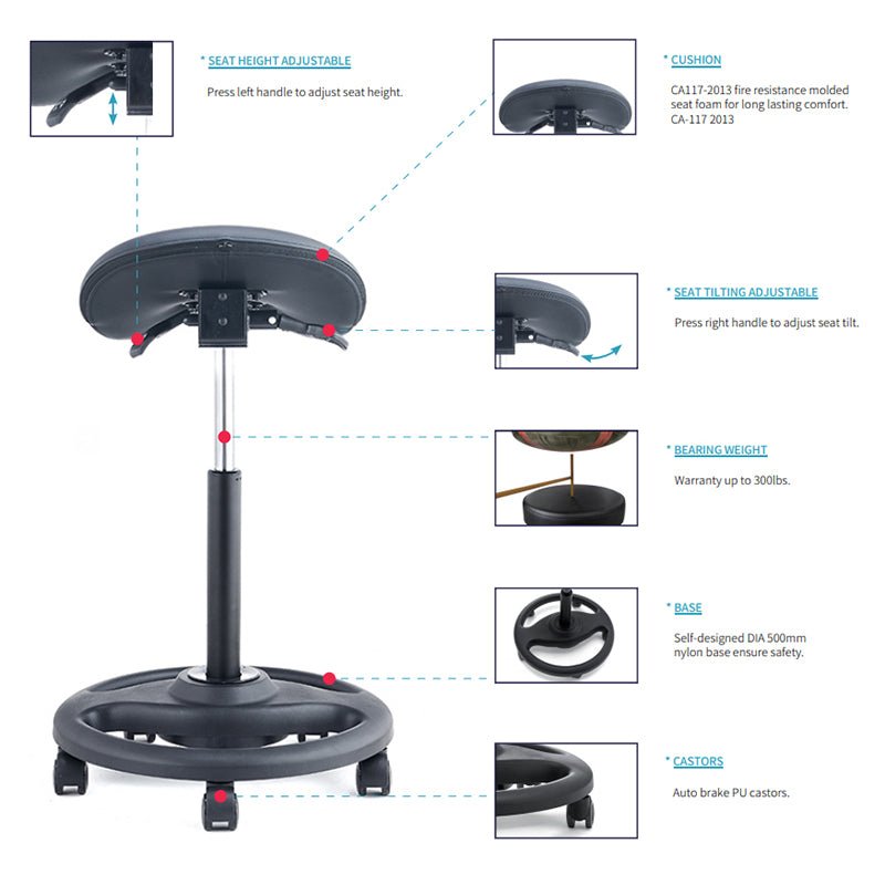 Ergonomic Height Adjustable Gas Lift Saddle Stool with Cushion Seat, Tilting Adjustable & Five Star Base, Black (RS28) - Rife Medical Furniture