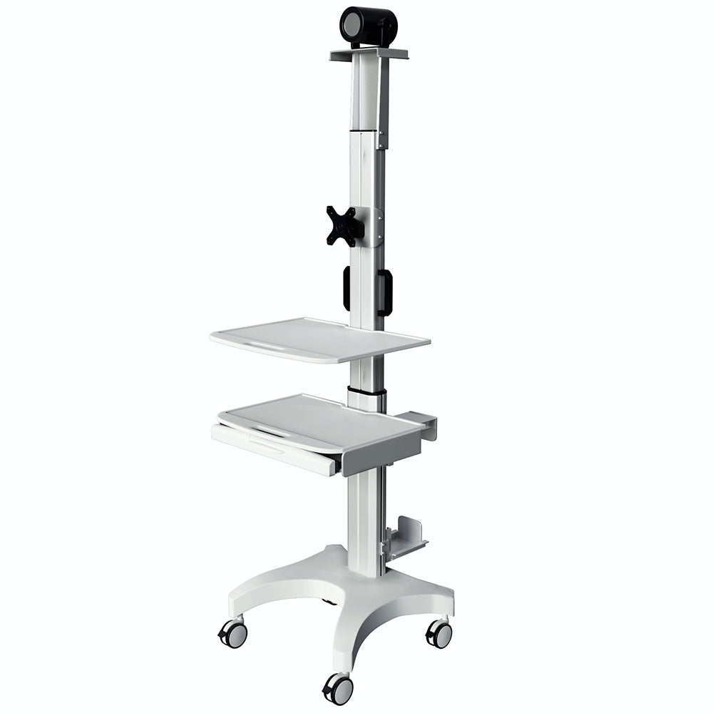 Single Monitor Medical Cart With Lockable Wheels and Camera Shelf For Telemedicine, White (HSC08) - Rife Medical Furniture