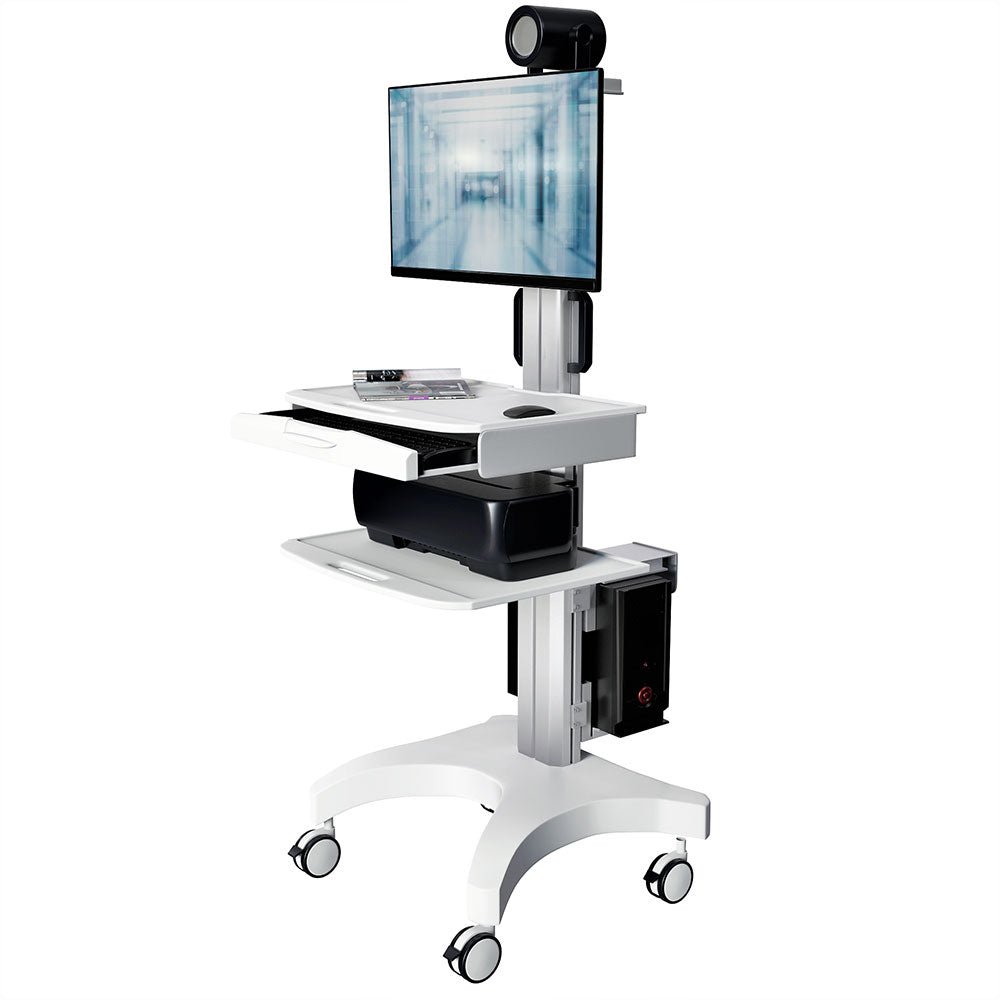 Single Monitor Medical Cart With Lockable Wheels and Camera Shelf For Telemedicine, White (HSC08) - Rife Medical Furniture
