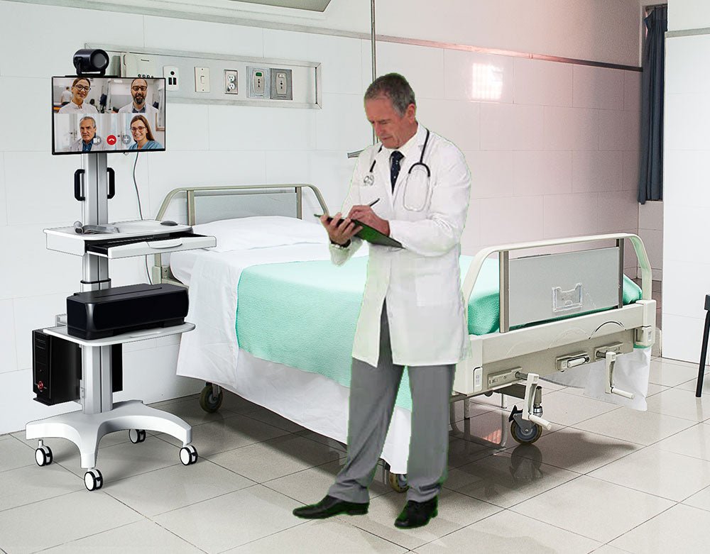 Single Monitor Medical Cart With Lockable Wheels and Camera Shelf For Telemedicine, White (HSC08) - Rife Medical Furniture