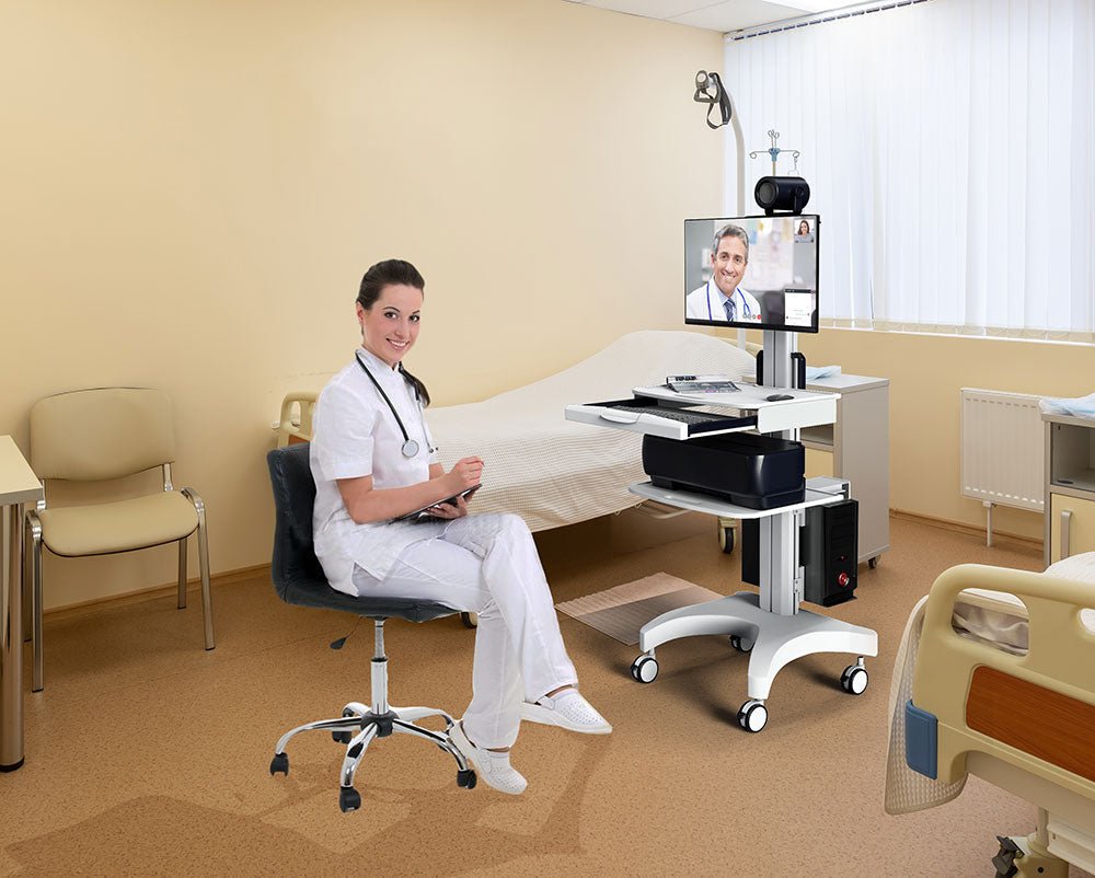 Single Monitor Medical Cart With Lockable Wheels and Camera Shelf For Telemedicine, White (HSC08) - Rife Medical Furniture