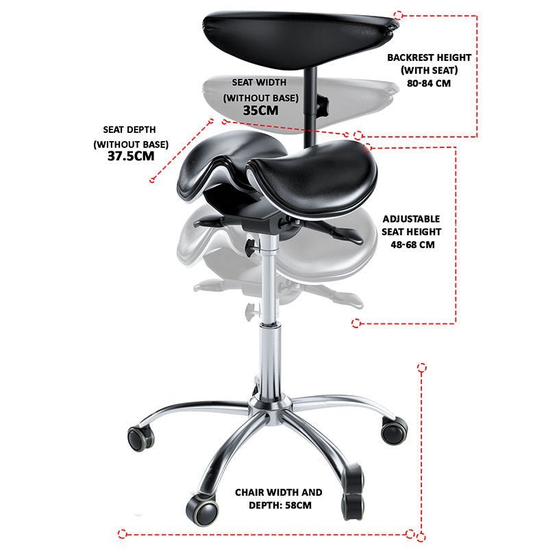 Ergonomic Saddle Stool with Back Support, Saddle Seat and Angle Adjustment, Black (R801) - Rife Medical Furniture