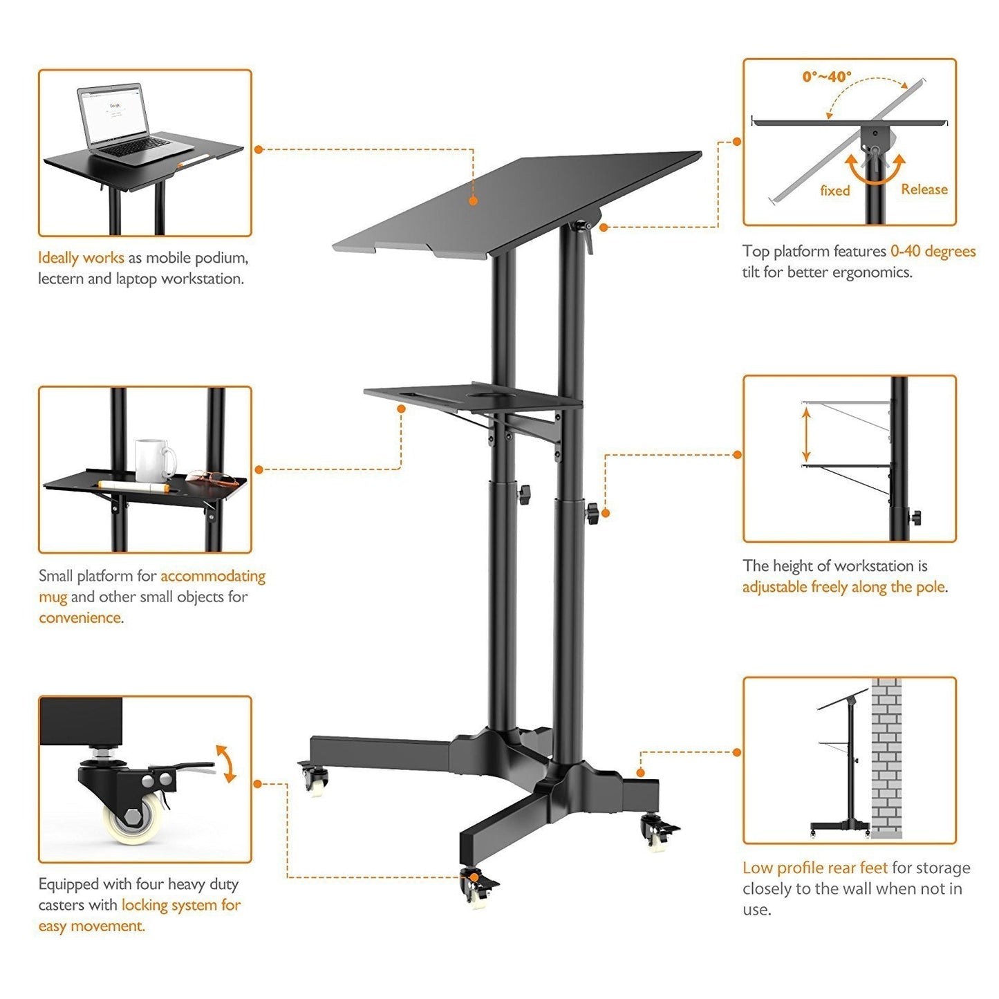 Mobile Laptop Desk Cart Height and Angle Adjustable Tilt Spliting Laptop Stand Table