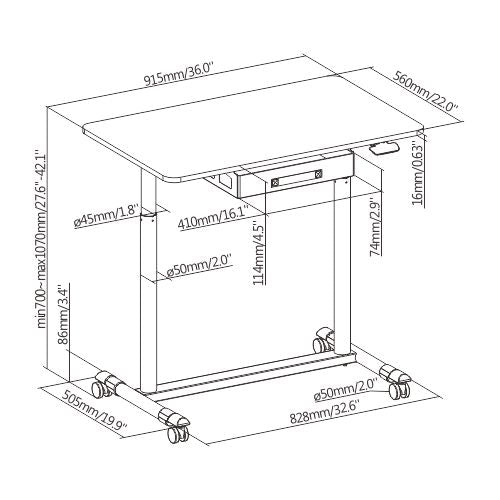 COMPACT MOBILE PNEUMATIC SIT-STAND DESKS WITH ROUND LEGS AND LAP DRAWER Rf-G02-22DR-DB