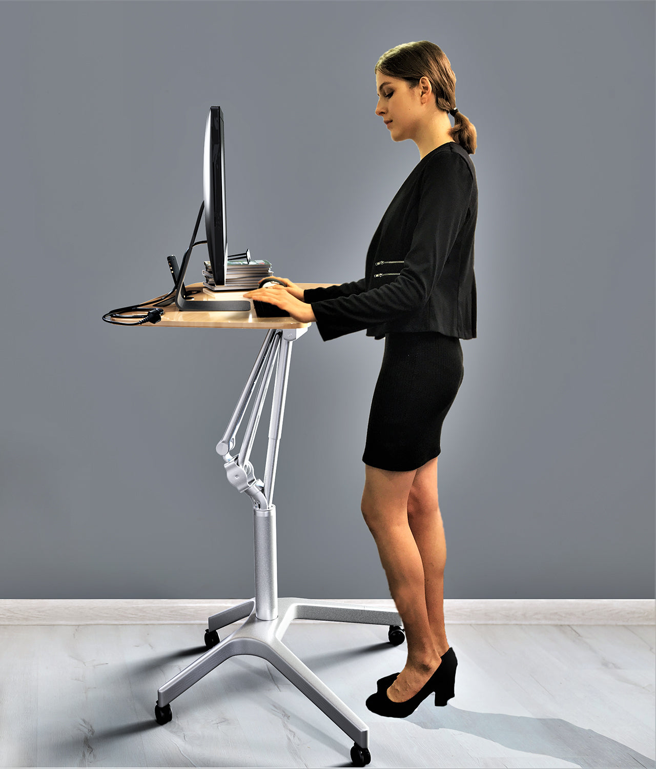 Pneumatic Sit-Stand Mobile Laptop Cart, Height Adjustable Multi