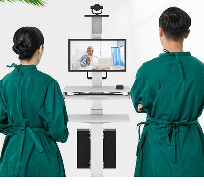 Single Monitor Medical Cart With Lockable Wheels and Camera Shelf For Telemedicine, White (HSC08) - Rife Medical Furniture