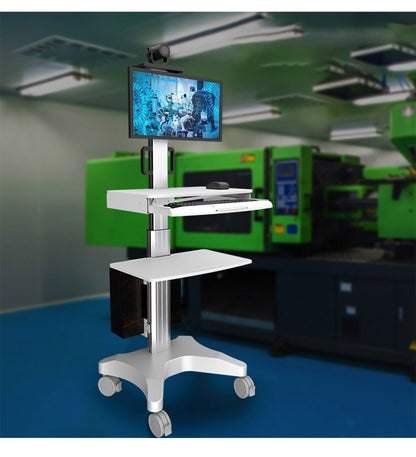 Single Monitor Medical Cart With Lockable Wheels and Camera Shelf For Telemedicine, White (HSC08) - Rife Medical Furniture