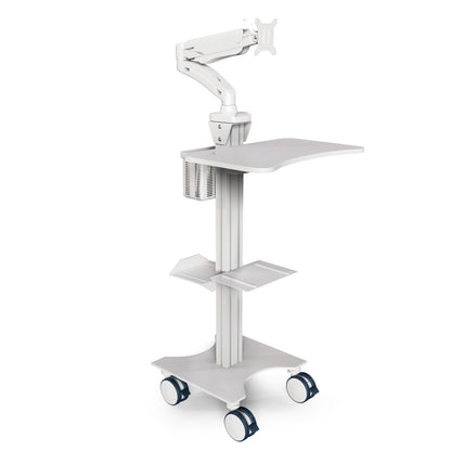 Sit Stand Medical Workstation with Gas Spring Arm and Keyboard Tray, Optional CPU Holder, Printer Shelf & Basket, White (MCTGW) - Rife Medical Furniture