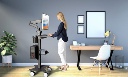 Sit Stand Medical Workstation with Gas Spring Arm and Keyboard Tray, Optional CPU Holder, Printer Shelf & Basket, Black (MCTGB) - Rife Medical Furniture