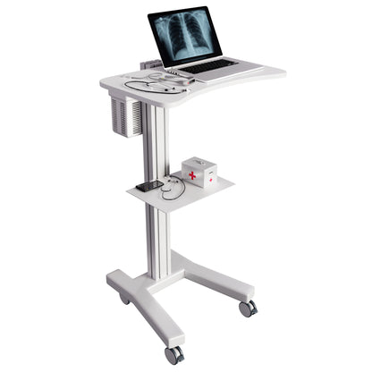 Sit Stand Medical Laptop Cart with Height Adjustments, Optional CPU Holder, Printer Shelf & Basket, White (LPC04W) - Rife Medical Furniture