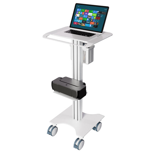 Medical Laptop Cart/Laptop Table, Curved Top Portable Stand with Lockable Wheels, Optional Printer Shelf & Basket, White (LPC07B)