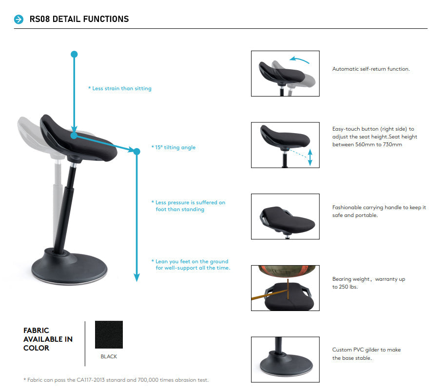 Ergonomic Height Adjustable Portable Active Stool with Self-Return Function, 15° Tilting & Stable Nylon Base, Black (RS08)