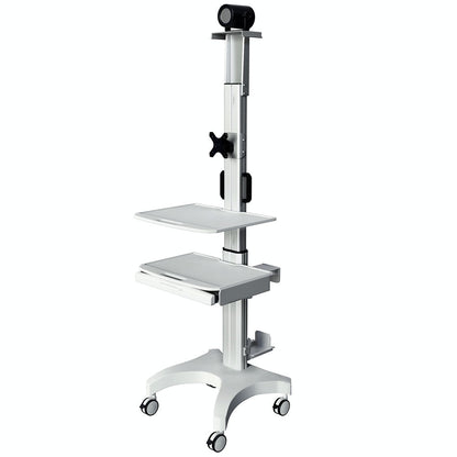 Single Monitor Medical Cart With Lockable Wheels and Camera Shelf For Telemedicine, White (HSC08) - Rife Medical Furniture