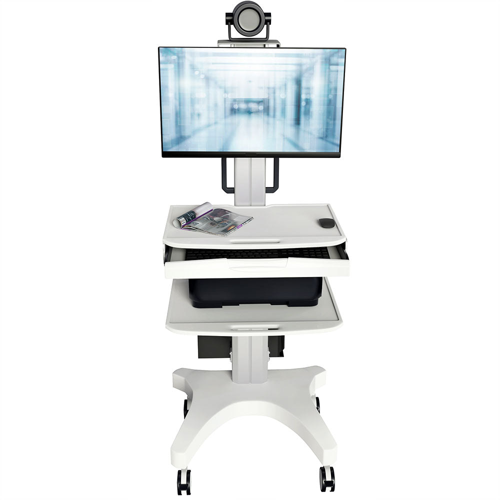 Single Monitor Medical Cart With Lockable Wheels and Camera Shelf For Telemedicine, White (HSC08)