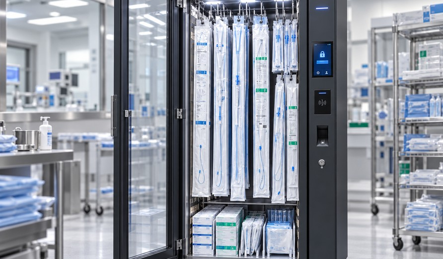 RMM-H hanging sterile packs cabinet shown in a clinical storage environment