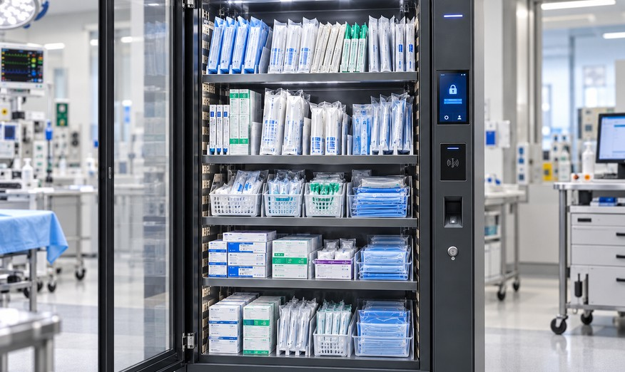 RMM-M shelves and bins configuration shown with boxed medical consumables