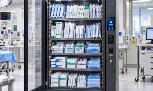 RMM-M shelves and bins configuration shown with boxed medical consumables