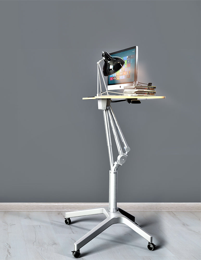 Pneumatic Sit-Stand Mobile Laptop Cart, Height Adjustable Multi-Purpose Rolling Podium Lectern with Wheels Laptop Workstation, Silver
