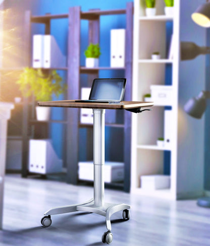 Pneumatic Adjustable Height Laptop Desk, Sit and Stand Mobile Laptop Computer Desk Cart, Ergonomic Design, Excellent Lectern for Classrooms, Offices, and Home, Silver (LPTR)